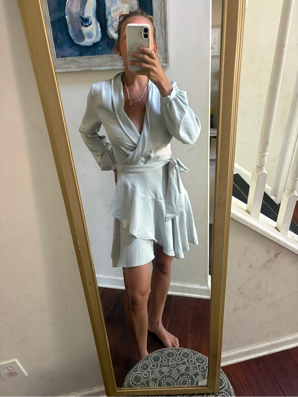 Lucy Paris Soft Blue Wrap Dress With Ruffle Hem